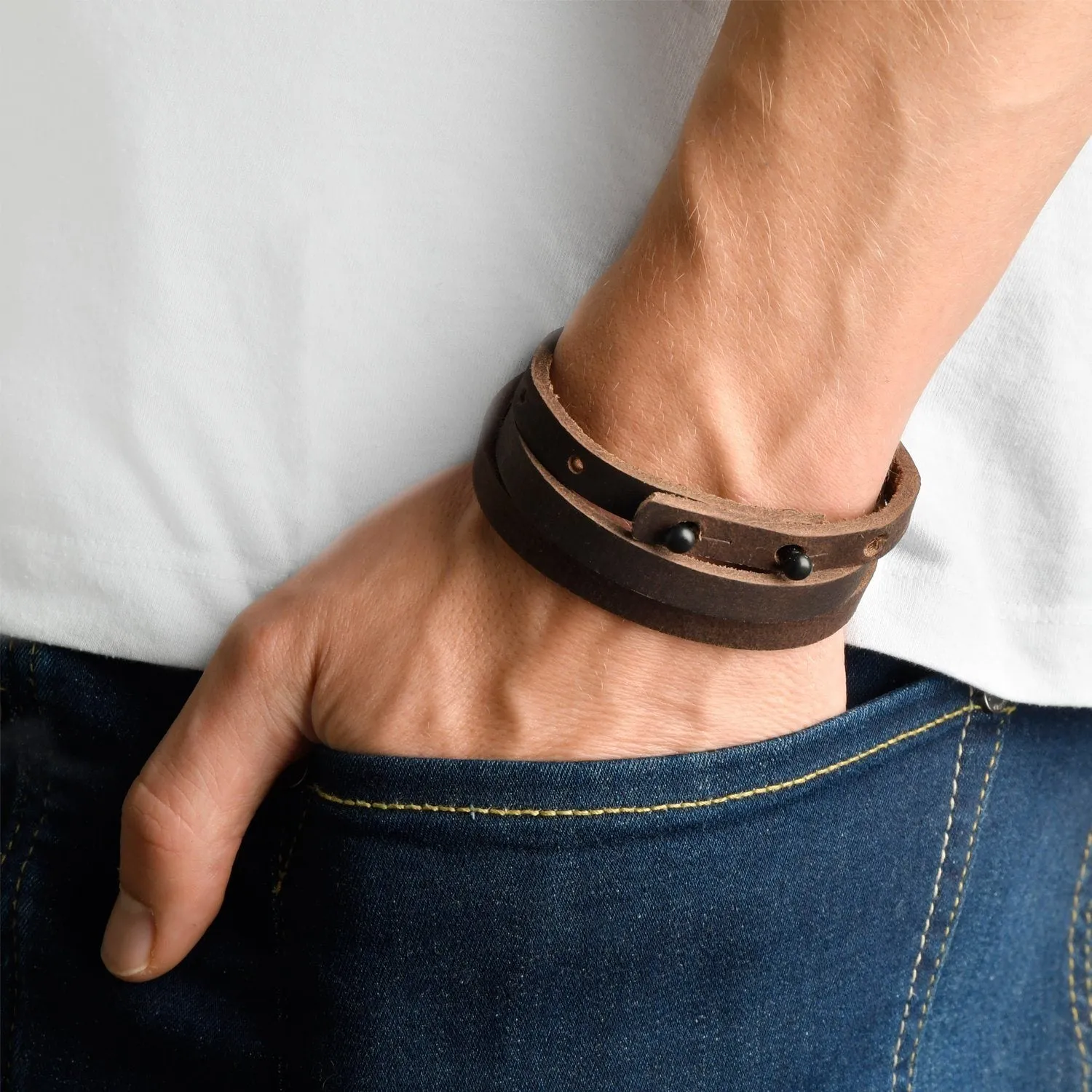 KLAIPEDA Leather Mens Womens Cuff Bracelets Designer Wrap Wristbands Dark Brown Matte Black