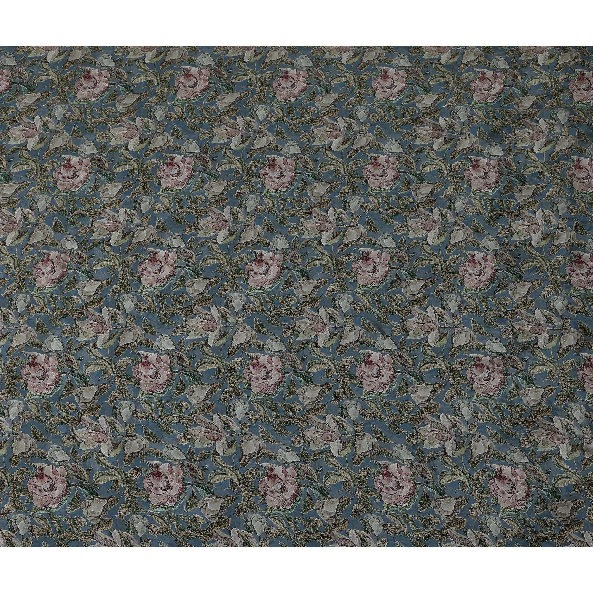 Teal Blue Indian Viscose Modal Satin Fabric, Vintage Floral Print, 110 cm Width-D20937